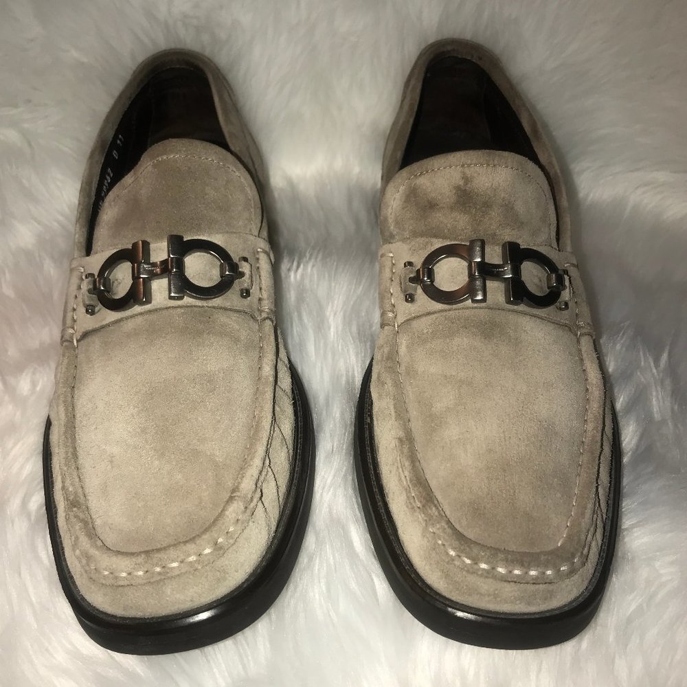 💯SALVATORE FERRAGAMO David Bit Suede Loafers Bone